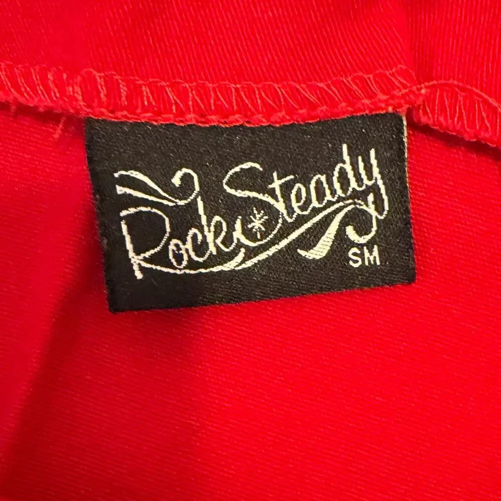 VTG‎ Y2K Rock Steady Strapless Red Mini Dress Rose Graphic Rockabilly Alt S/M